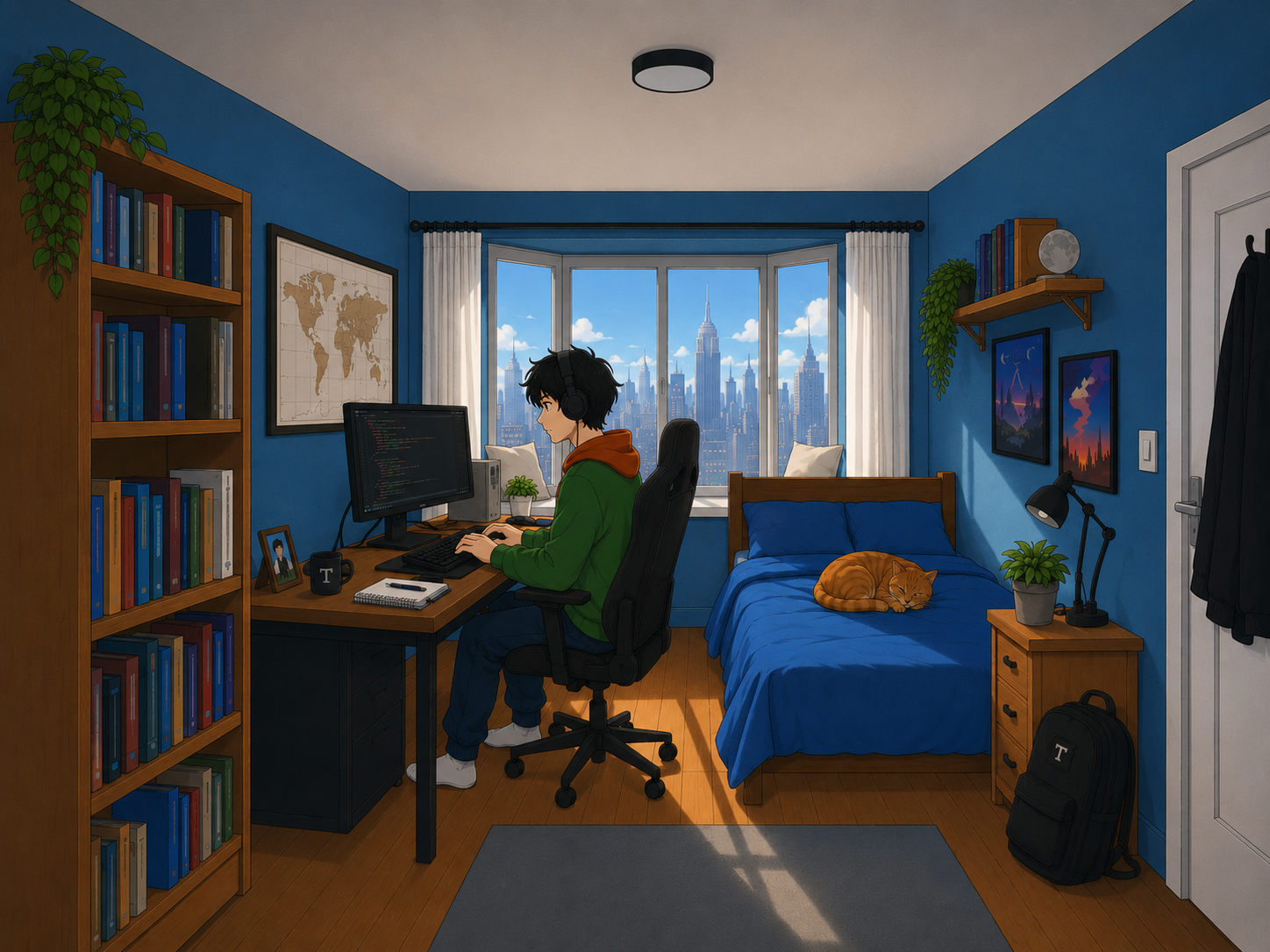 Ilustración de una habitación diurna con persona programando y un gato