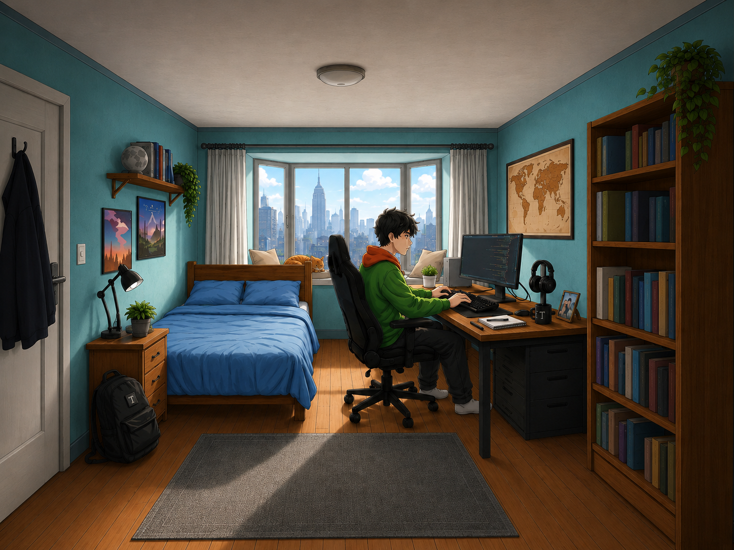Ilustración de una habitación diurna con persona programando y un gato