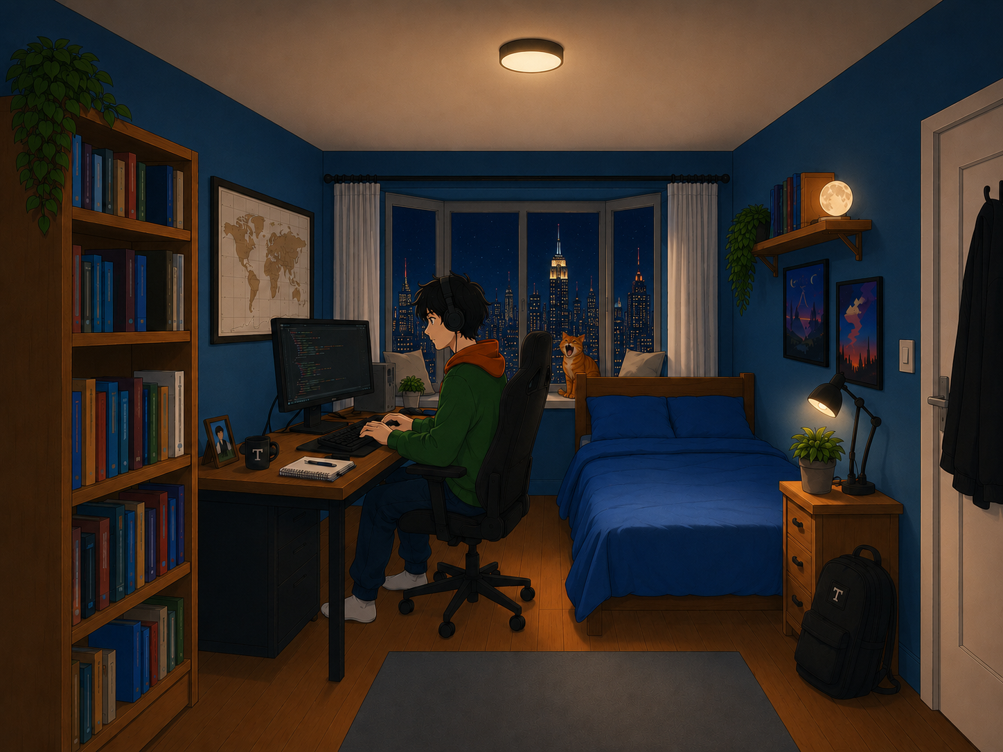 Ilustración de una habitación nocturna con persona y un gato