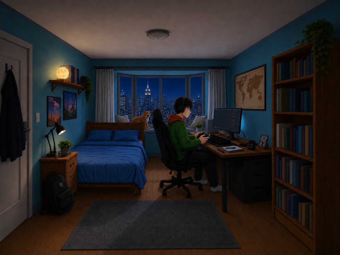 Ilustración de una habitación nocturna con persona y un gato
